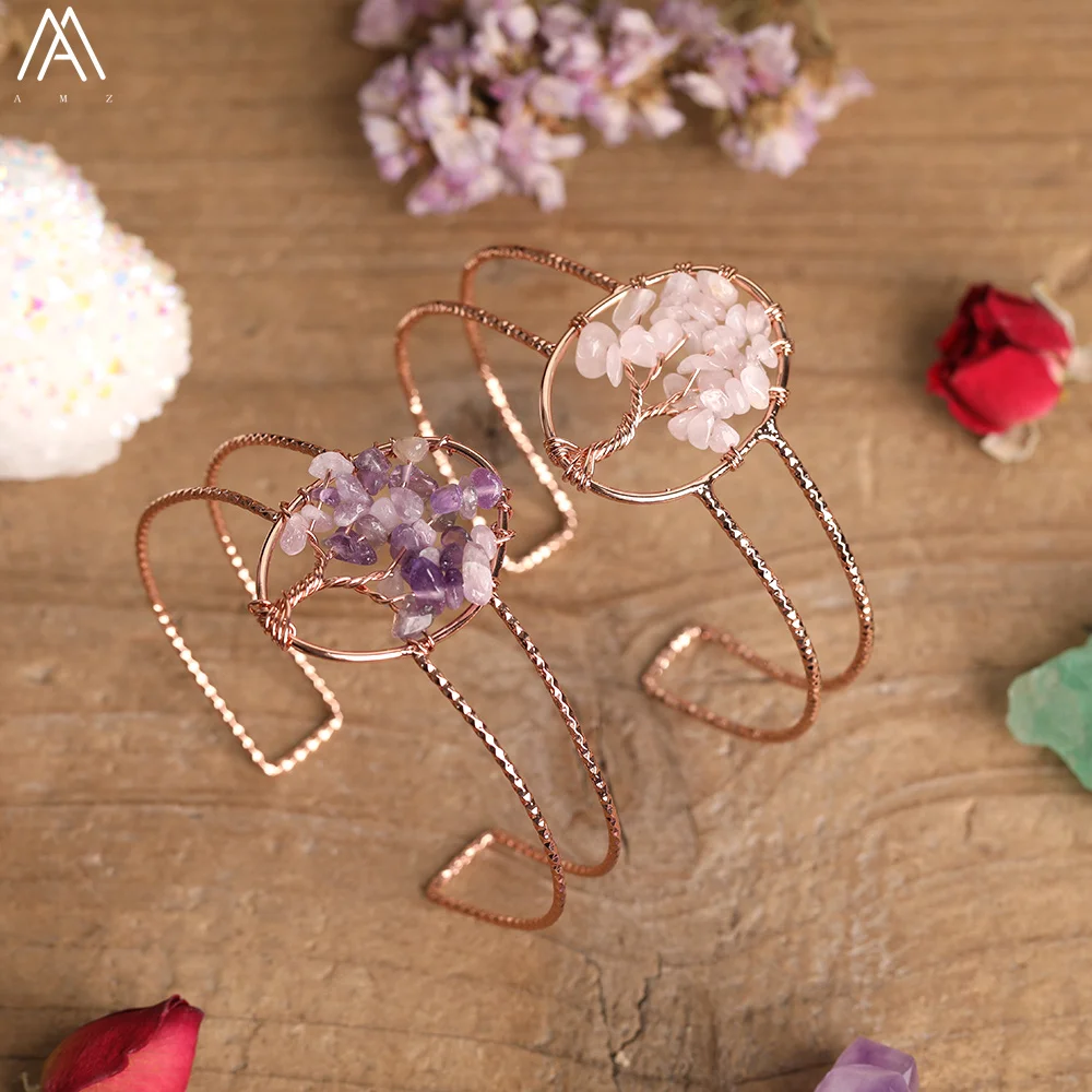 

Tree of Life Bangle Women Jewlery, wire wrap Natural Gemstone Rose Gold Copper Cuff Bracelets for Girl