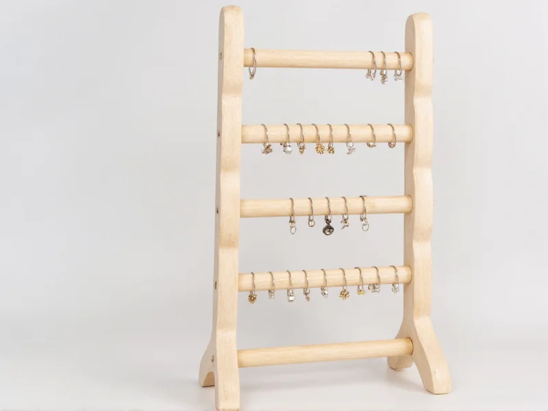 Wooden ladder earring holder with hanging hoops