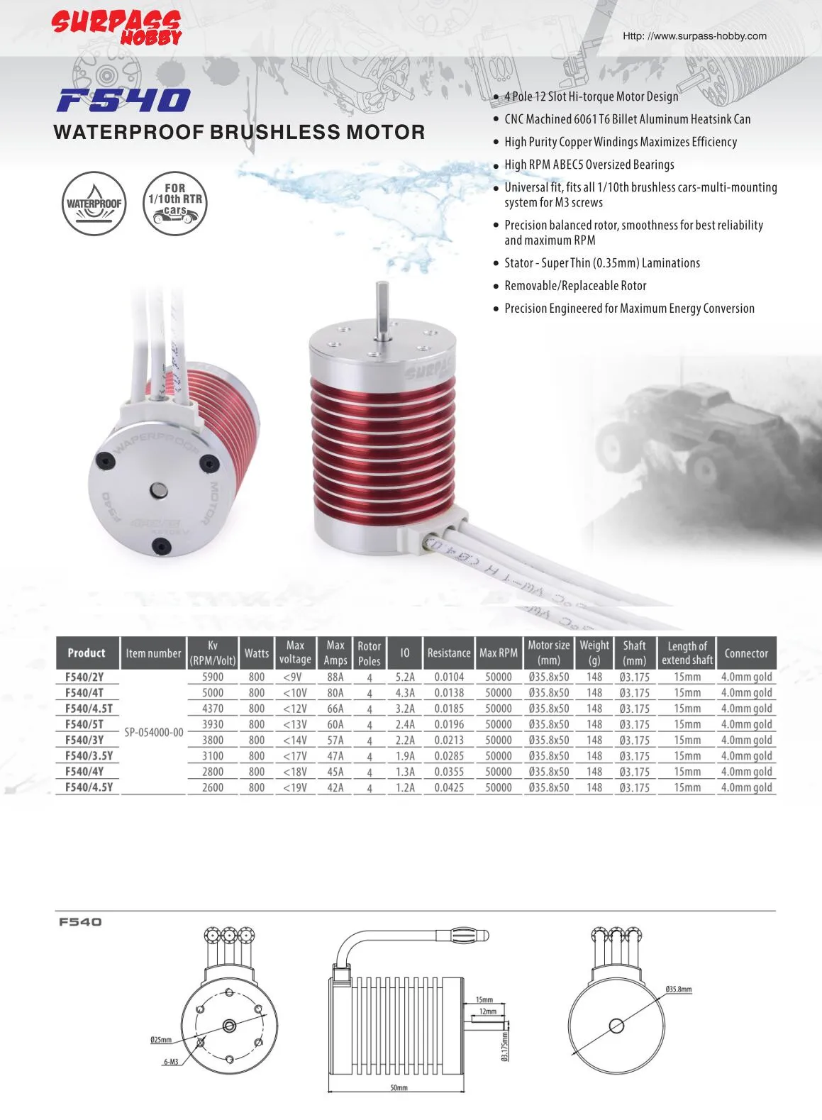 Surpass Hobby F540 Electric wheel hub motor 12v dc 5900kv 2600kv 5000kv brushless motor for 1:10 rc car parts