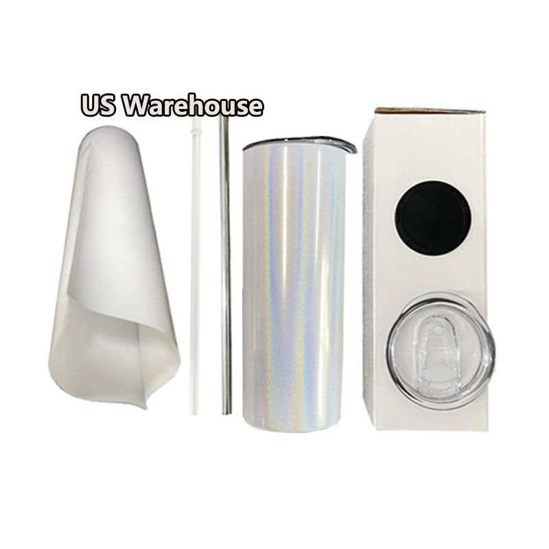 

USA warehouse RTS 20oz 600ml Holographic tumbler cups stainless steel vacuum insulated sublimation blanks Glitter Travel Mug, White