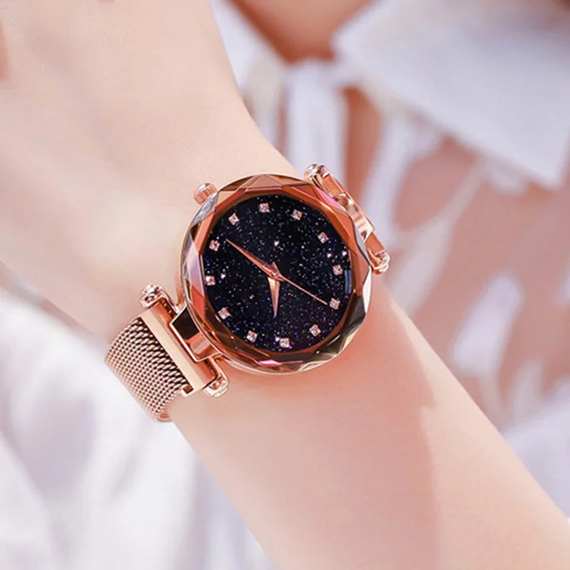 

Top Brand Star Watch For Women Rose Gold Mesh Magnet Starry Sky Quartz Wristwatch Gradient Ladies Wrist Watches relogio feminino