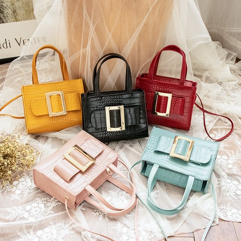 

2021 Fashion Alloy Squre Buckle Women Hand Bags Solid Color PU Leather Shoulder Messenger Bags, 5 colors