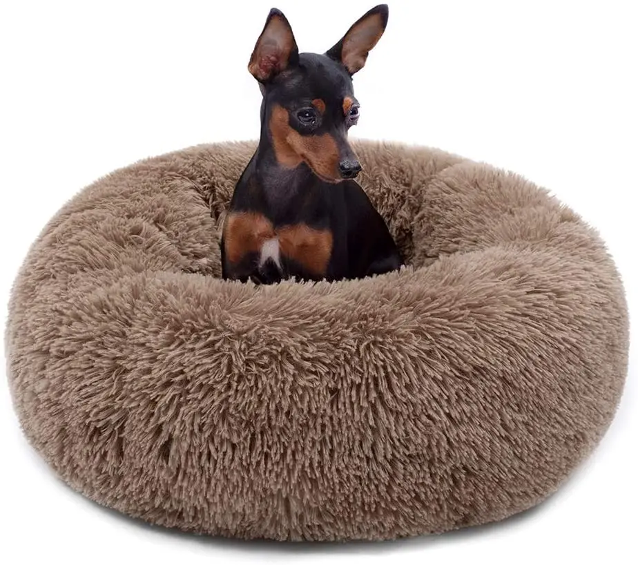 

Soft Plush Donut Pet Bedding Winter Warm Sleeping Round Fluffy Pet Calming Bed Cuddler for Puppy Dog Bed, Pink/ grey/ dark grey/ beige