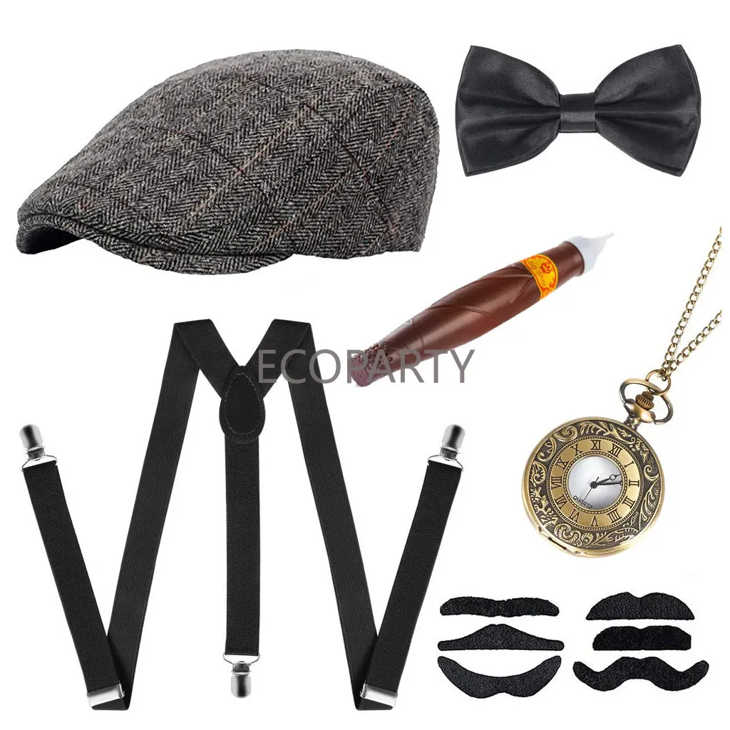 ecoparty  1920s Accessories for Men 20s Gatsby Newsboy Hat Accessories Set Gangster Suspenders Pocket Watch