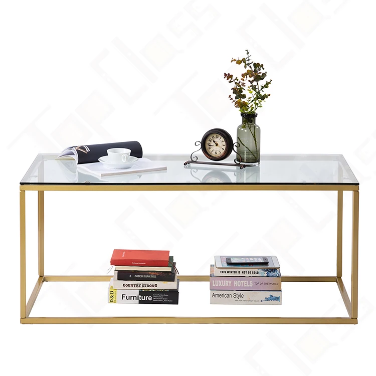 
Gold rectangle steel metal tempered glass office home goods coffee table malaysia smart gold  (60778788869)
