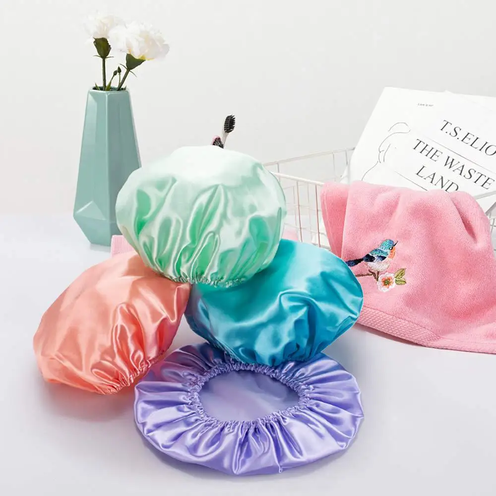 

Double Layered Waterproof Eva Plastic Hair Bath Caps Blue Custom Style Solid Color Reusable Silk Satin Lined Orange Shower Cap, Picture shows