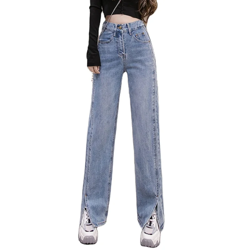 

Women's straight slit jeans autumn Korean style loose high waist pants