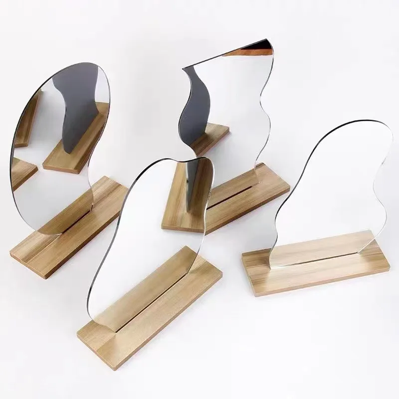 

New Arrival Wavy Thicken Acrylic Cosmetics Mirror Desktop With Wood Base For Home Makeup Custom logo