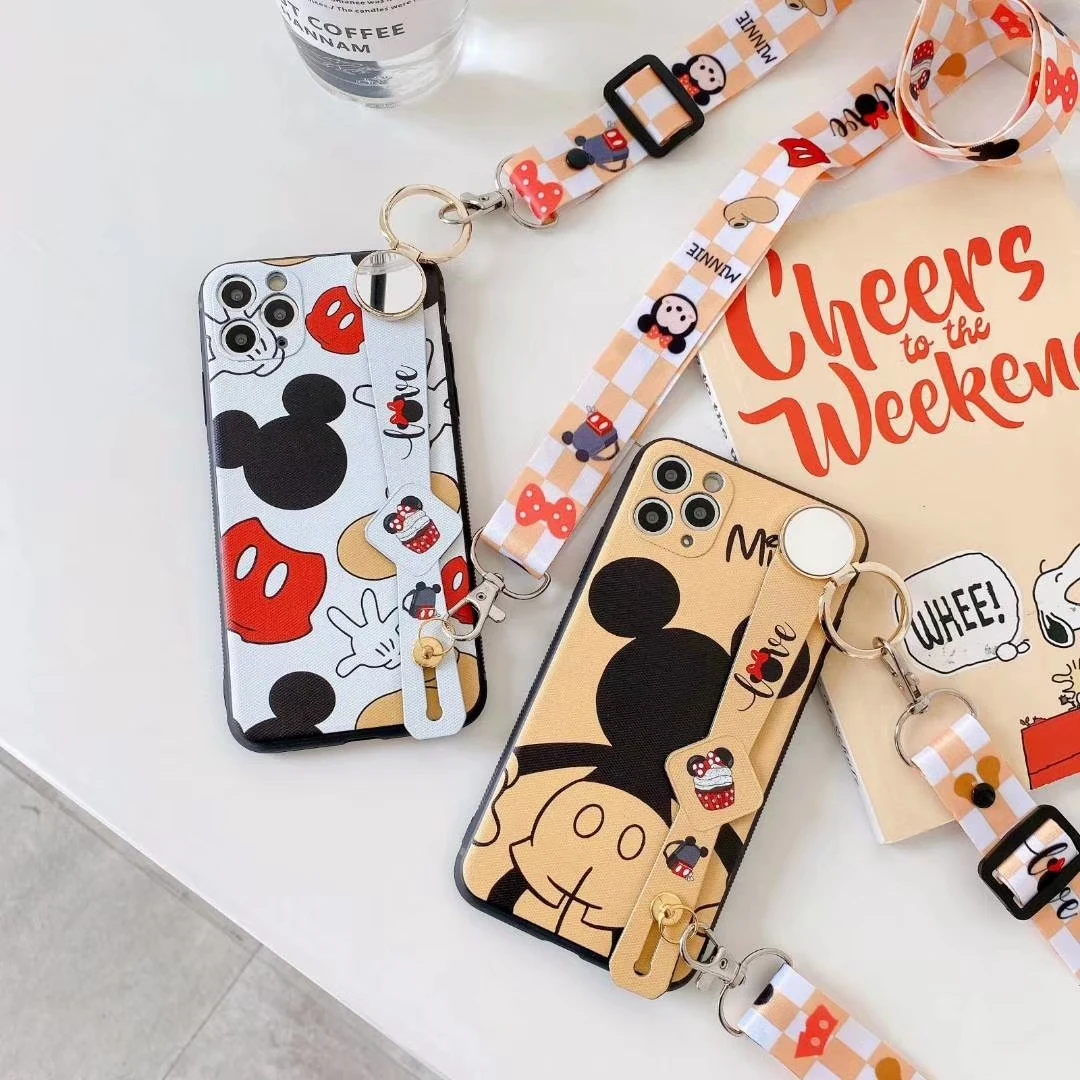 

Wrist Strap Holder Soft Cartoon Mickey TPU Phone Case For iPhone 13 Pro Max XR XS Max 7/8 Plus Necklace Lanyard Phone Skin Cover