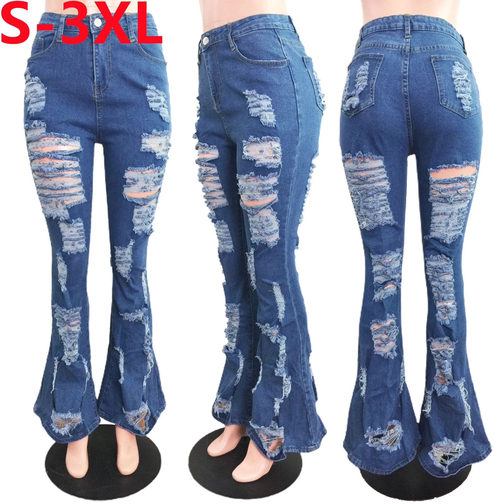 

New Design Easy-to-match Street Hipster Clothing High Waist Denim Pants Hollow Out Casual Fashion Flared Skinny Jeans Women, Customized color