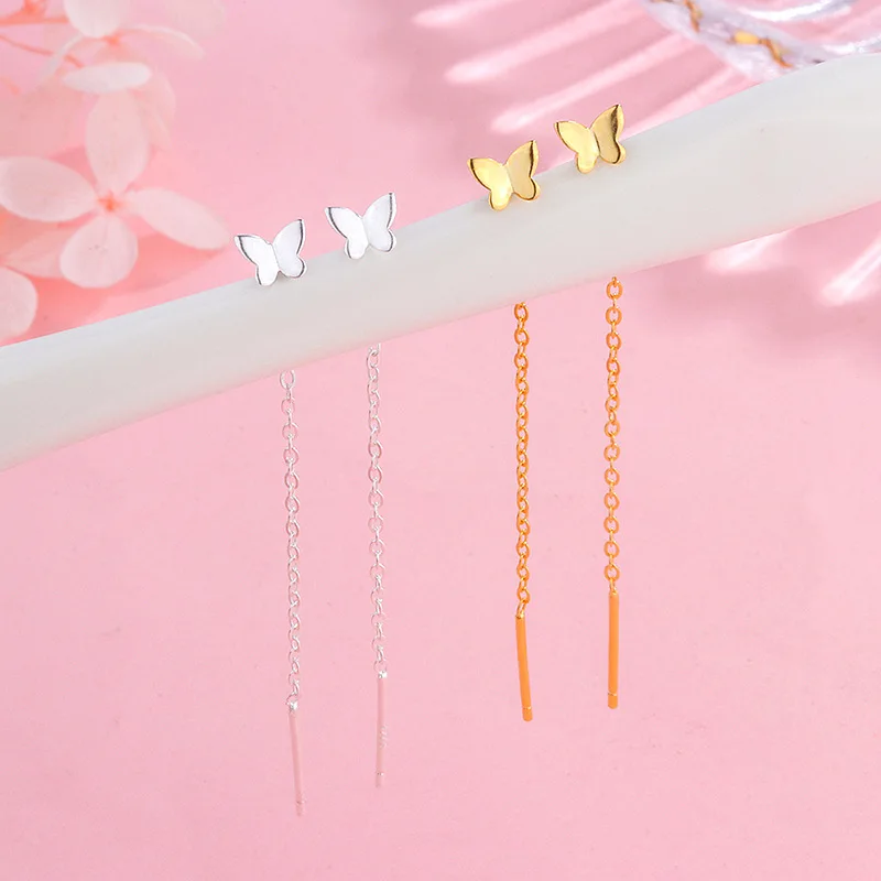 

Fashion Korean Simple Ear line Long Tassel Earrings for Women 925 Sterling Silver Chain Butterfly Earring