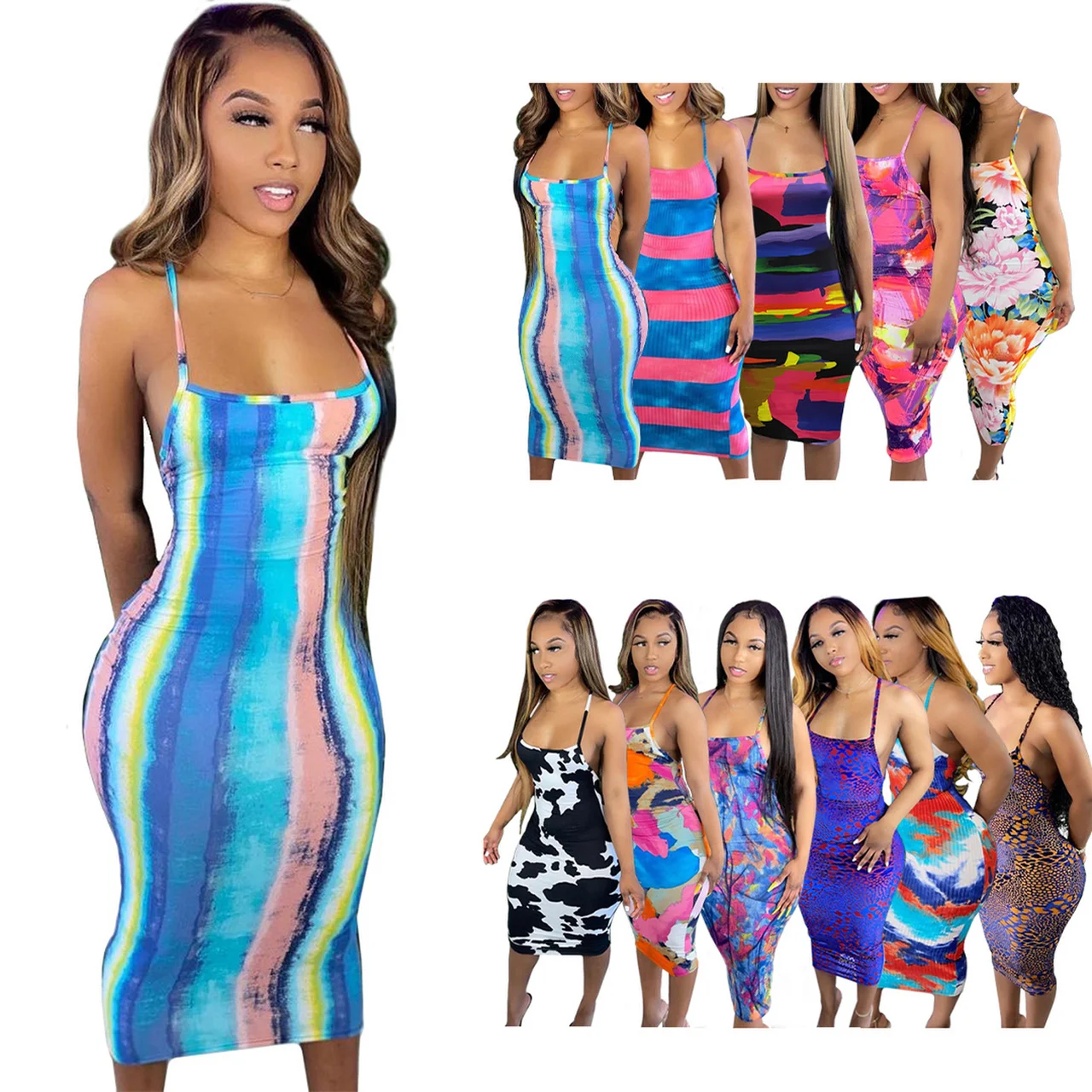 

2021 new arrivals Tie Dye Bodycon Backless Sundresses Plus Size Sun Dress women casual dresses