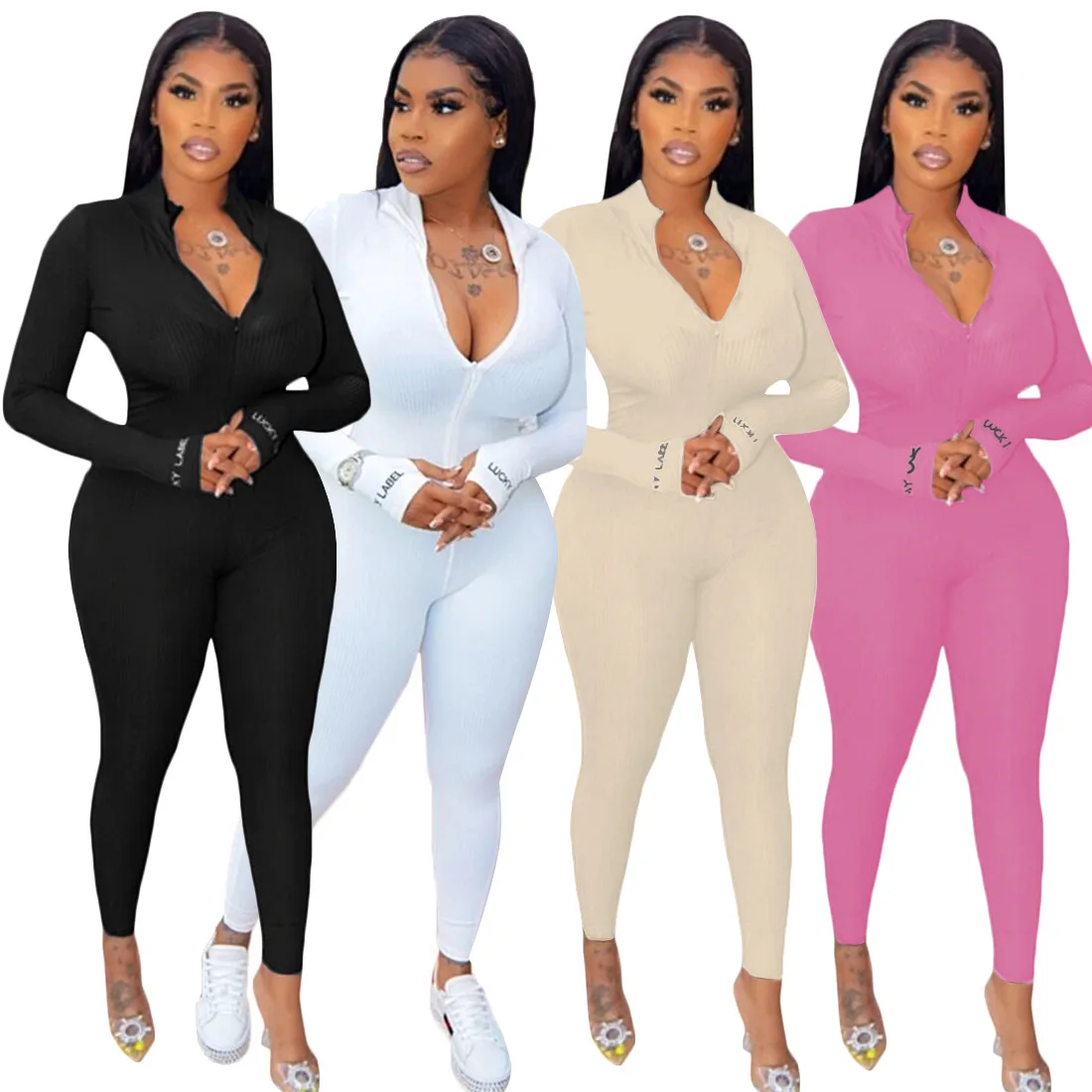 

M3130 Spring lucky label ribbed workout clothing fitness gym skinny long sleeve bodycon one piece women 2020 jumpsuit