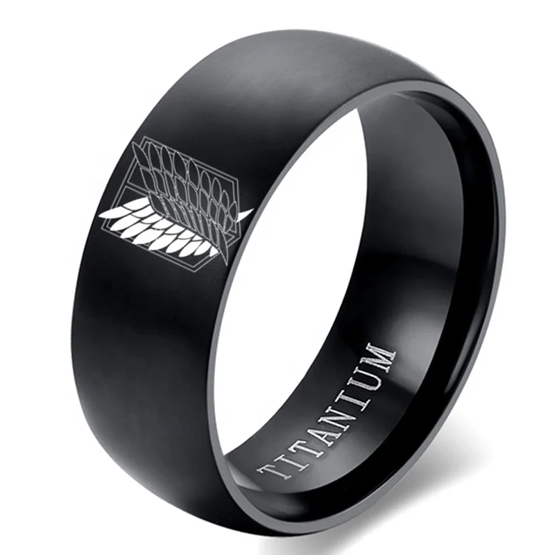 

8mm Attack on Titan Black sliver Stainless Steel Ring Wings Of Liberty Flag Finger Rings For Men Women gold Jewelry Anime Fans, Picture shows