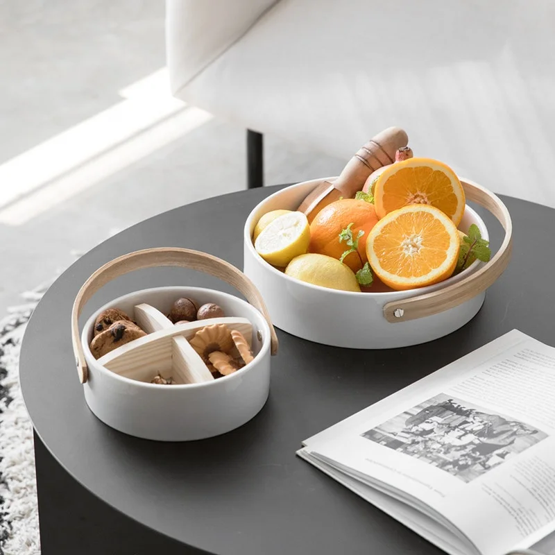 

Simple white ceramic compartment fruit plate with portable creative nut plate snack candy box storage snack platter