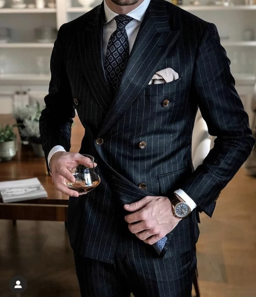 

Black Stripe Men Suit Double Breasted Blazer Latest Coat Pant Designs Slim Fit 2 Piece Tuxedo Custom Groom Prom Suits Ternos, Custom made