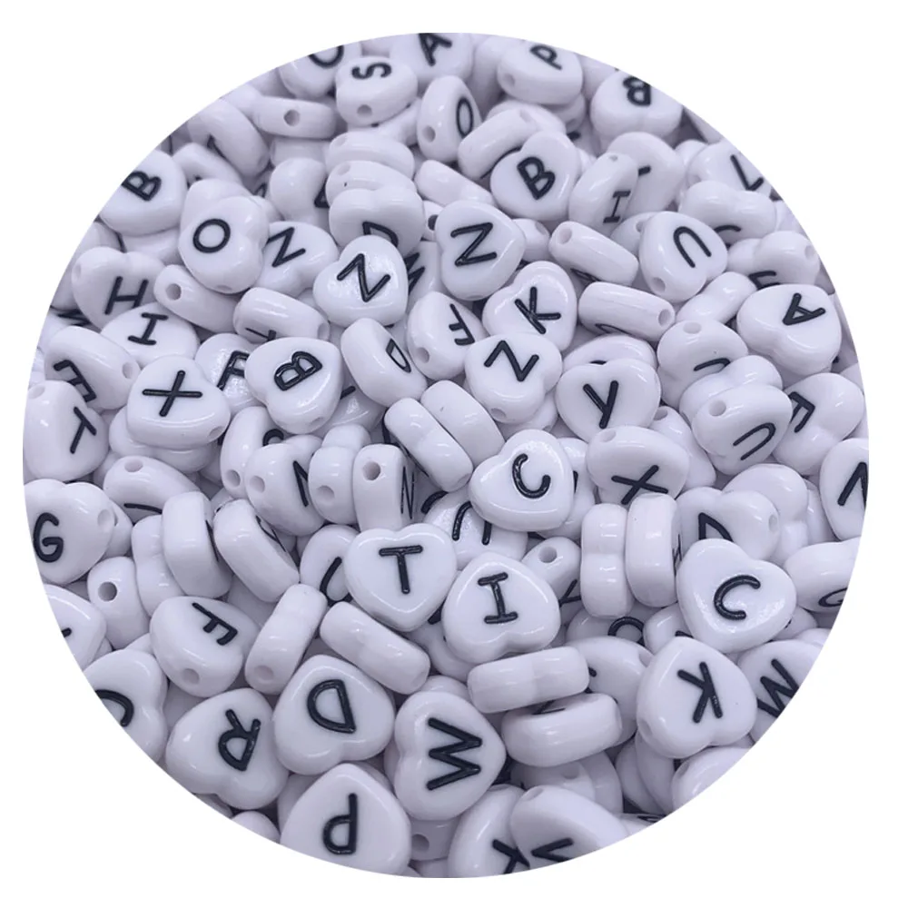 12MM Acrylic Heart Beads White Black Flat Round Alphabet  Leter Beads Plastic English Letter Spacer Loose Beads