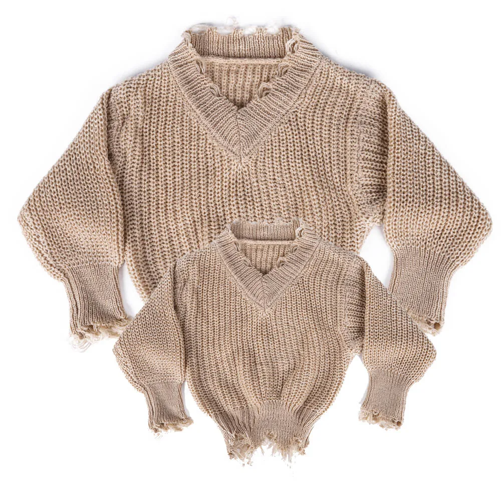 

Hot sale stylish fall winter v neck knit Distressed mom and me sweater women kids custom, #1,#2,#3,#4