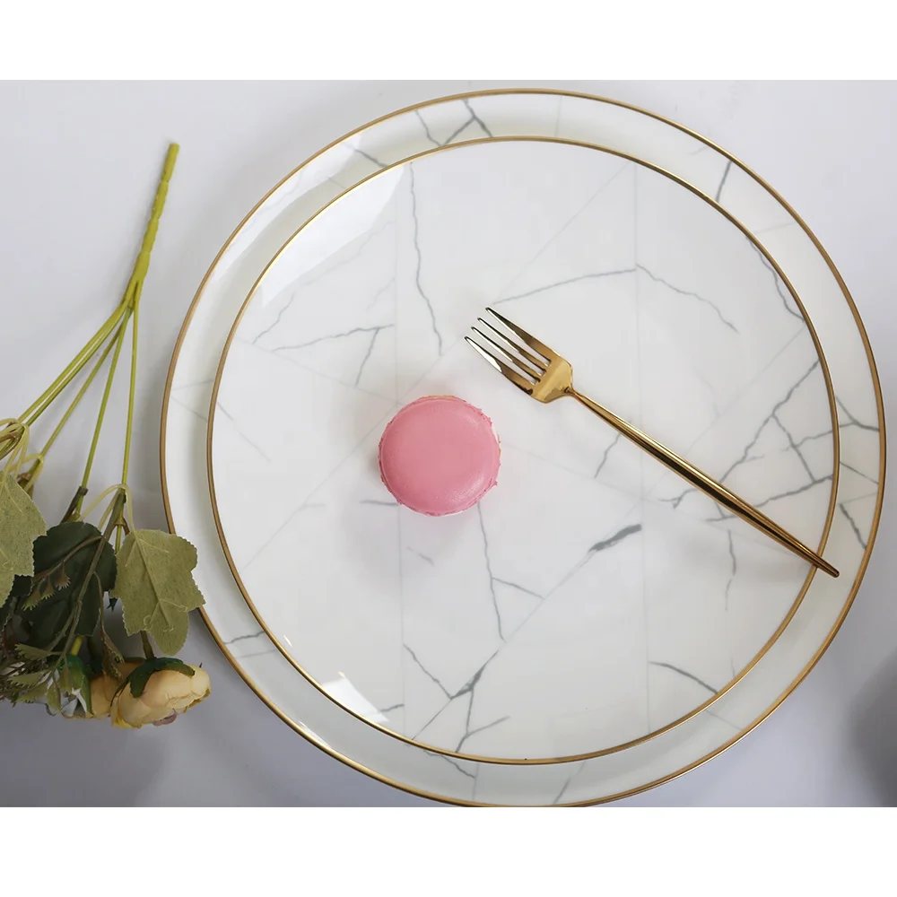 

New products kitchen crokery items innovative marble dinner set, White+marble design with gold rim