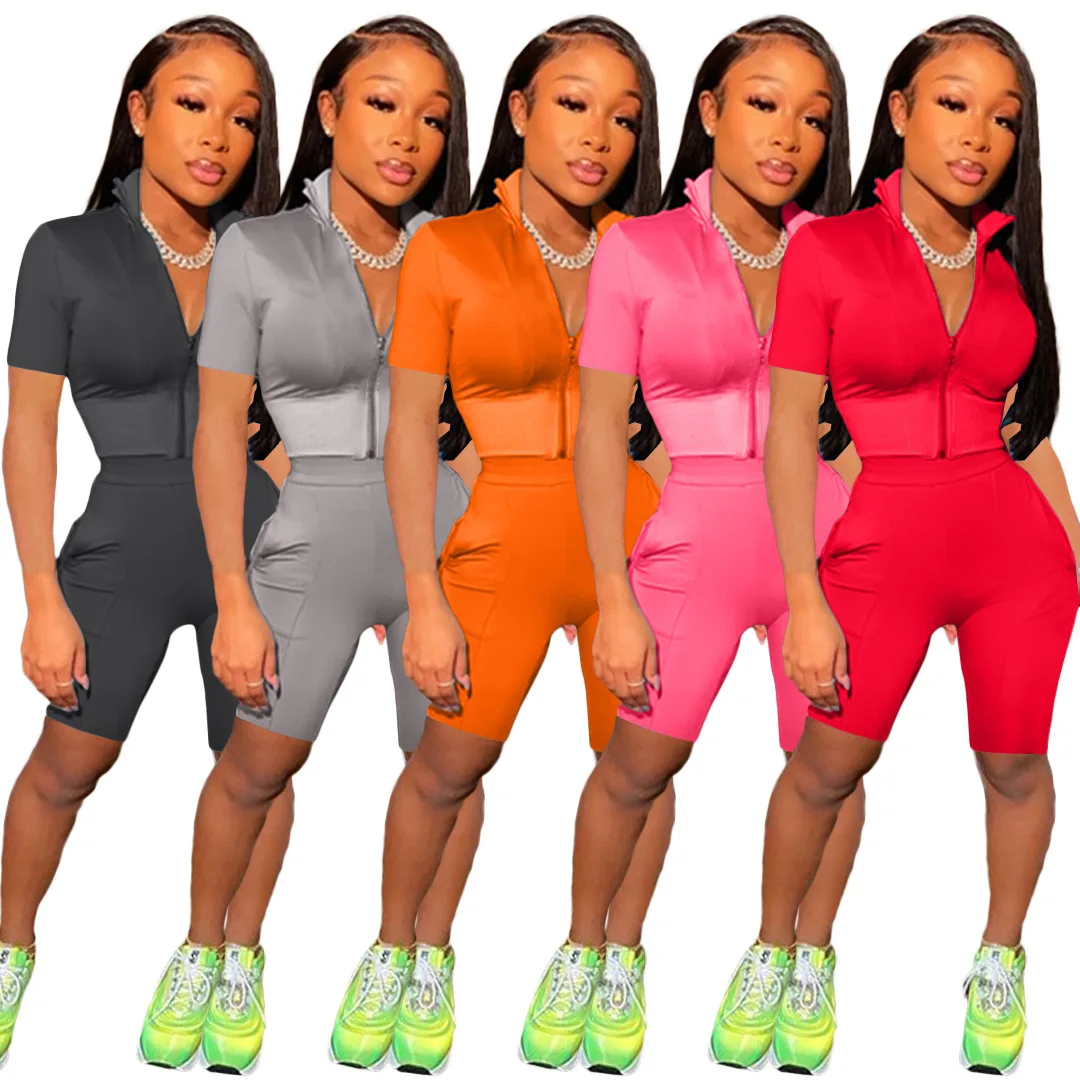 

OR-AC8287 Latest designs solid color sports short sleeved shorts 2 piece sets women tracksuit short set, As picture