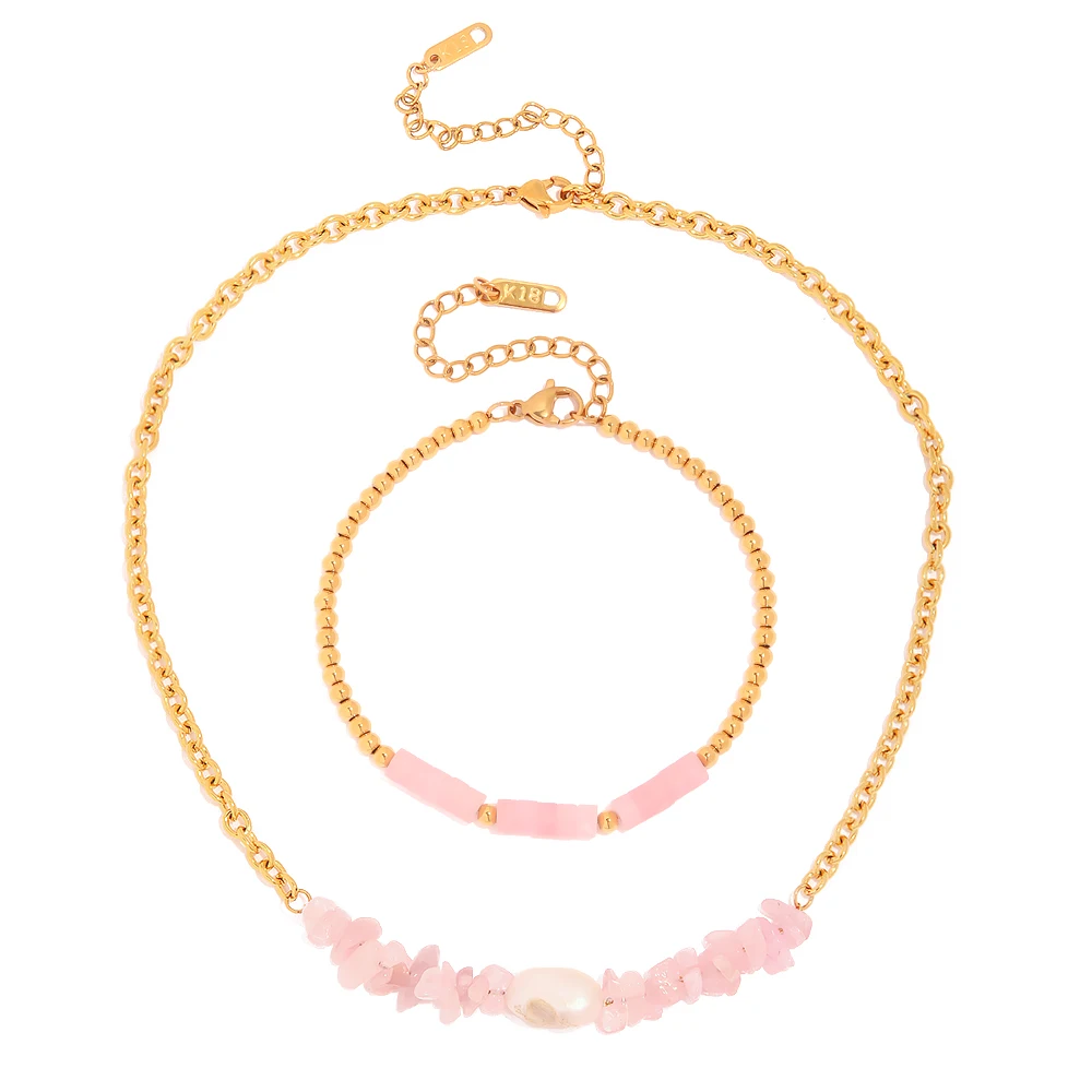 

Luxury Jewelry Stainless Steel Bead Chain Pink Quartz Stone Bracelet Pearl Necklaces for Girls