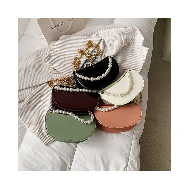 

New Trendy PU Leather Saddle Bags Lady Elegant Pearl Chain Crossbody Bags Half Moon Handbags Pure Color Shoulder Bags For Women