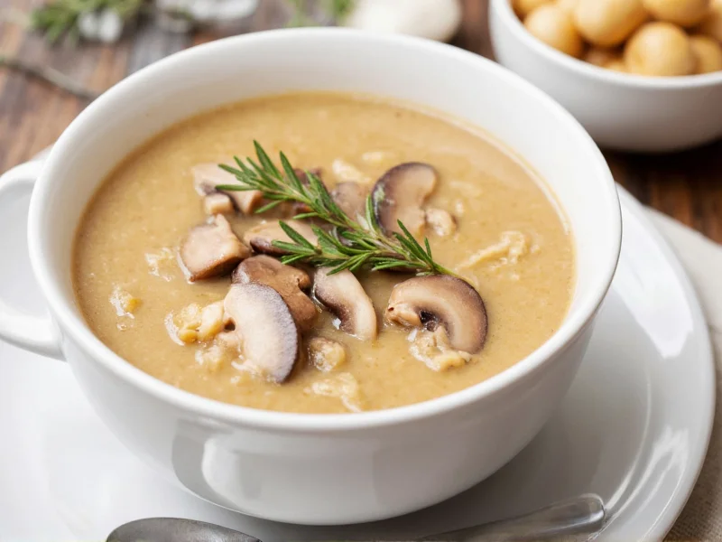 Creamy mushroom soup in white bowl with fresh thyme garnish