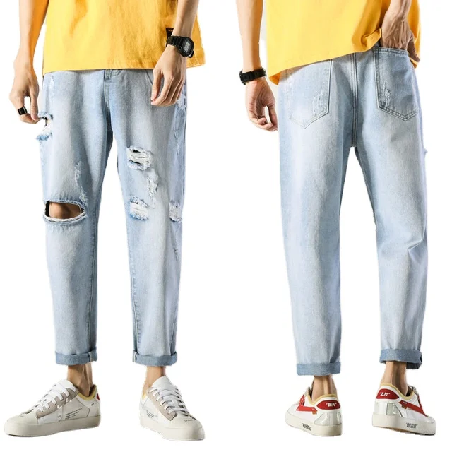 

Straight Leg Shabby Jeans Men'S Loose Beggar Pants Worn Out Korean Teenagers Retro Men'S Jeans Nine Points