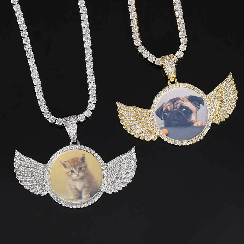 

Luxury 18K Gold Plated Full Diamond Angel Wings Photo Necklaces CZ Wings Personalized Custom Picture Necklaces