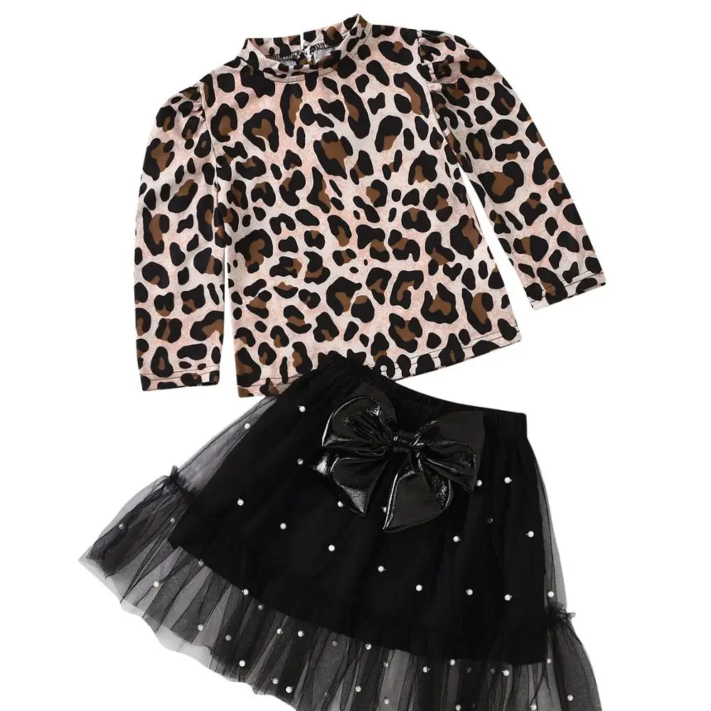 

Children 2021 Leopard print long sleeve top bow tie dot lace skirt two pieces suit baby girl clothes set for new style, As pic shows, we can according to your request also