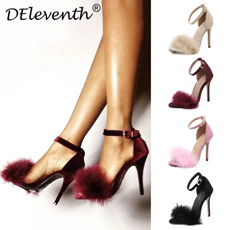 

Hot sale fur sexy lady sandals high class elegant sandals ladies summer sandals wedding Shoes black red pink apricot size 43