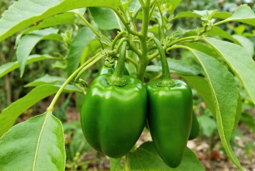 Chile serrano plant in garden showing multiple green peppers growing upright on bushy plant