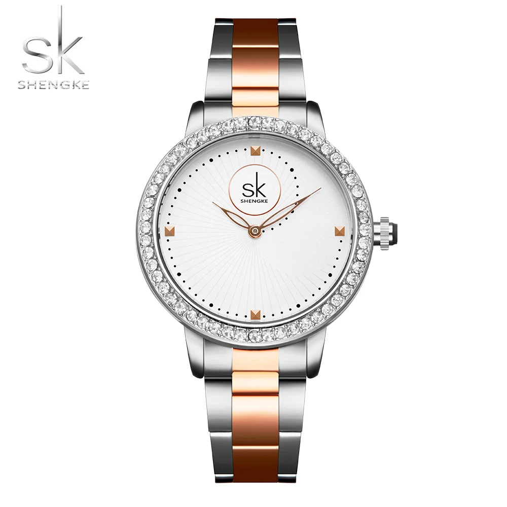 

Shengke Fashion Lady Watch Rhinestone Case Quartz Women Watch Luxury Silver With Rosegold Steel Female Wristwatch Montre Femme