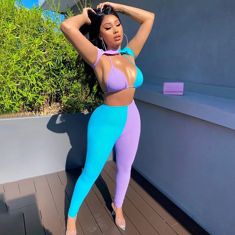 

A01819D Patchwork Sexy Club Women Three Piece Sets Sleeveless Bodycon Fashion Outfits Party Crop Top And Leggings Co-ord Set