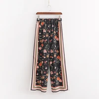 

Casual loose design elastic waist floral printed side split women casual wide leg pants