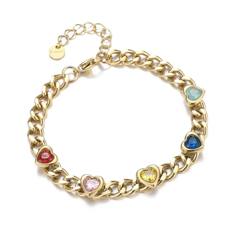 

Fashion Multi Heart Bracelet Jewelry CZ Curb Cuban Wrist Chain 18K Gold Stainless Steel Heart Gemstone Charm Bracelet For Women