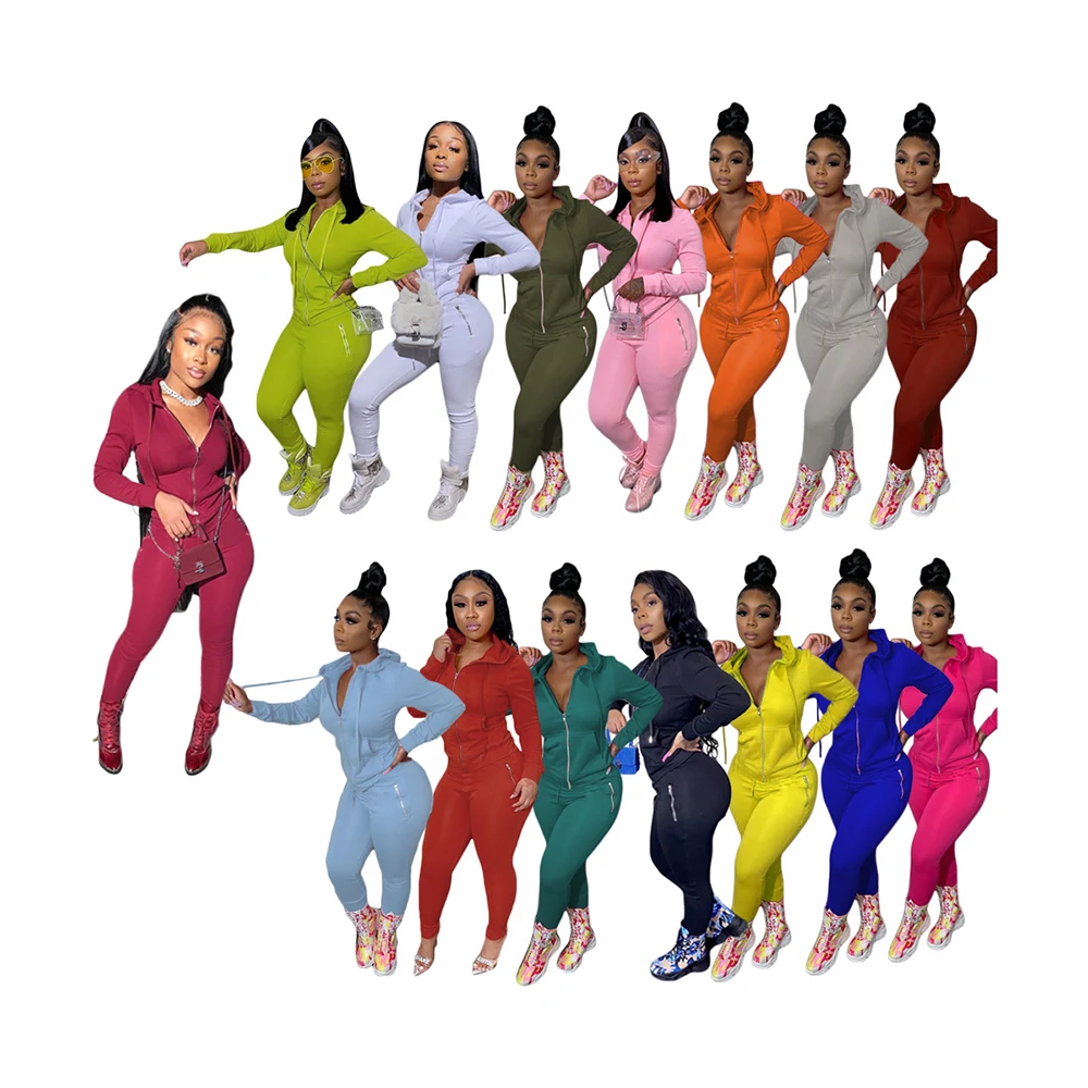 

Foma CN0049 Hot Sale 2021 in stock women clohting fashion jacket and legging pants zipper hooded two piece sets, 15 colors