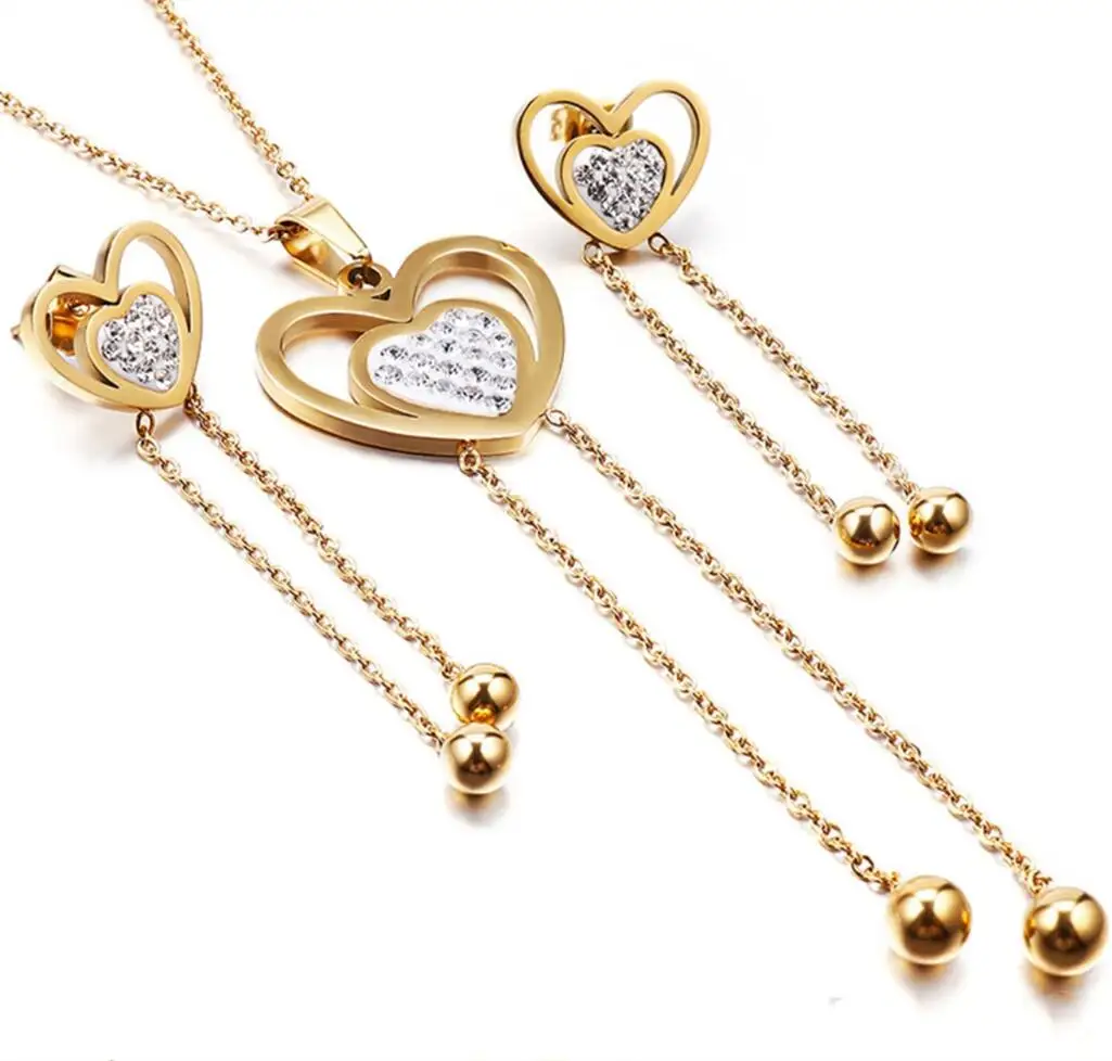 

Cz Diamond Love heart necklace earrings Gold Plated Designer Inspired Viennois Stainless Steel Jewelry Sets For Ladies