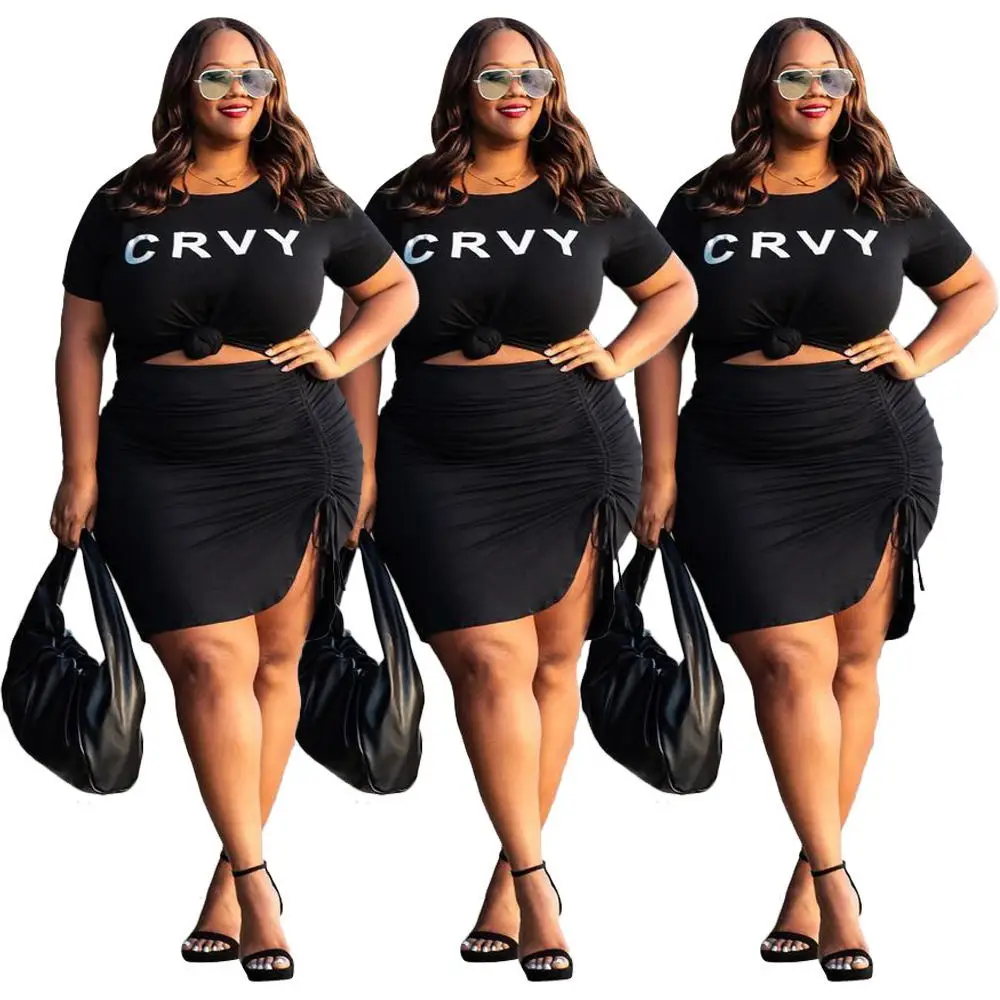 

womens plus sized clothing short sleeves solid color letter-printed skirt sets women 2 piece outfits womens skirt set, Black