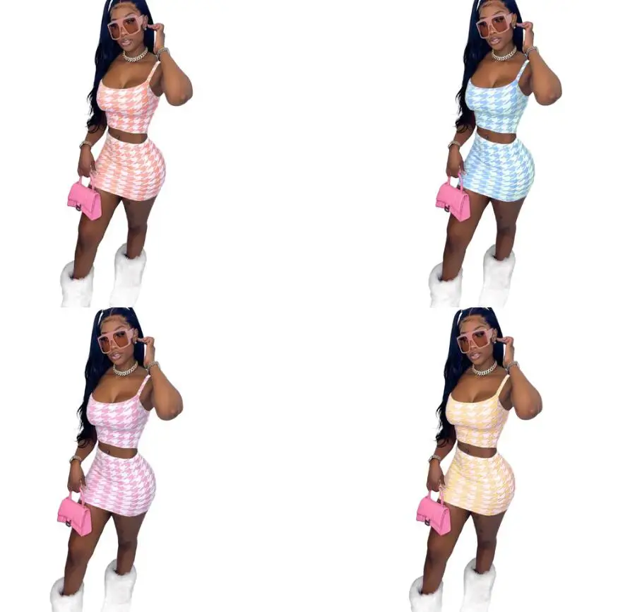 

Summer Ladies Sexy Tight Waist Suspender Skirt Suit Nightclub Ladies Candy Color Checkered Print Double Suspender Short Skirt