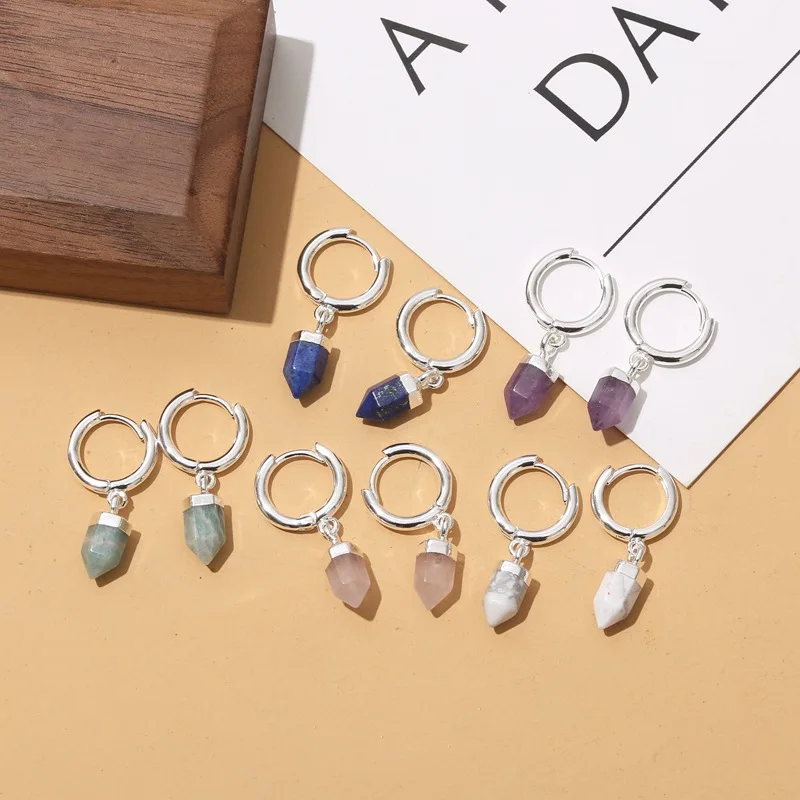 

Hot Selling Hoop Earrings Hexagonal Pendant Earrings Agate Howlite Rose Quartz Amethyst Gemstone Earrings For Women