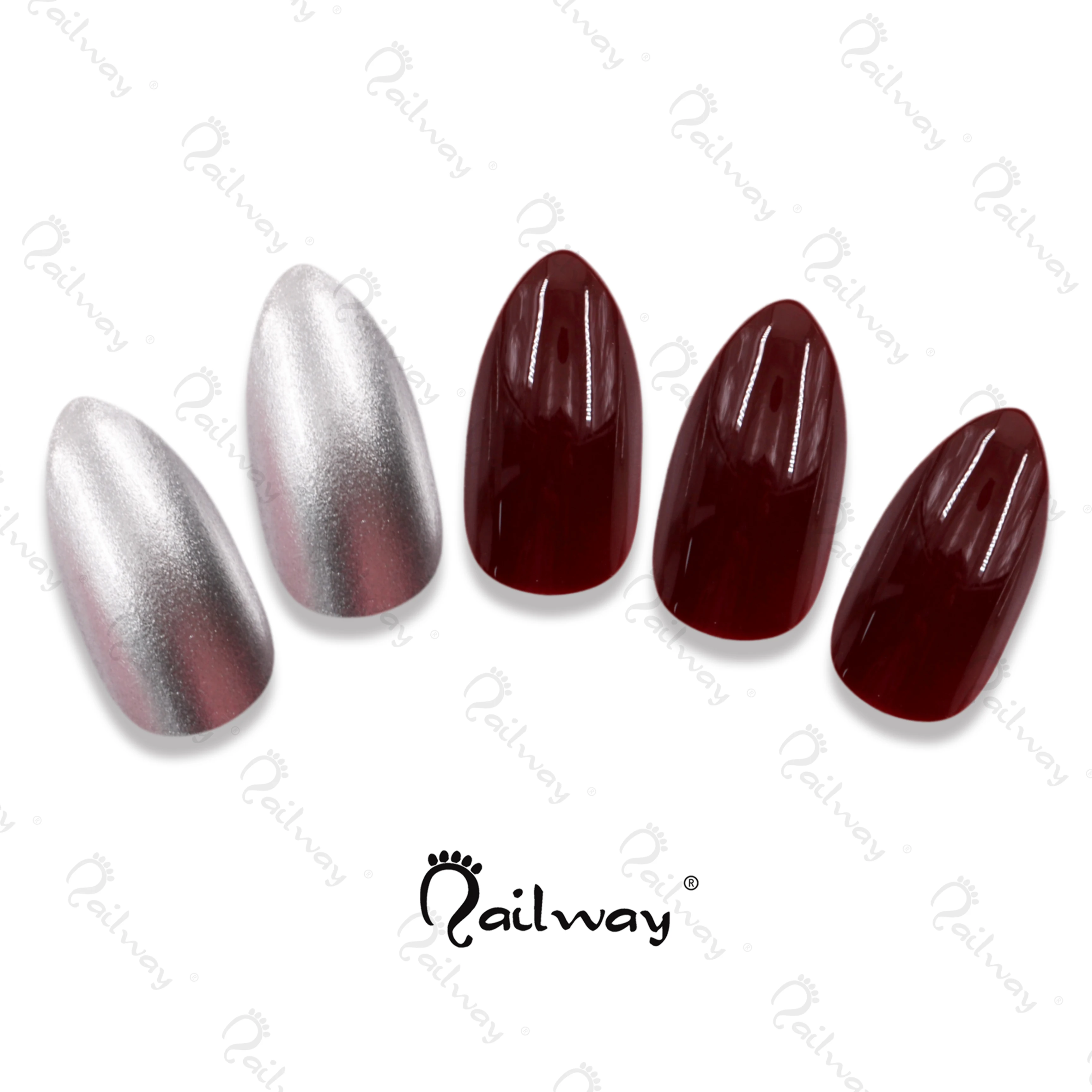 

Wholesale Hot 24pcs/Set Silvery & Wine Red Stiletto Nail Tips Almond Pointed Artificial Nails Full Cover Art Nails With Glue