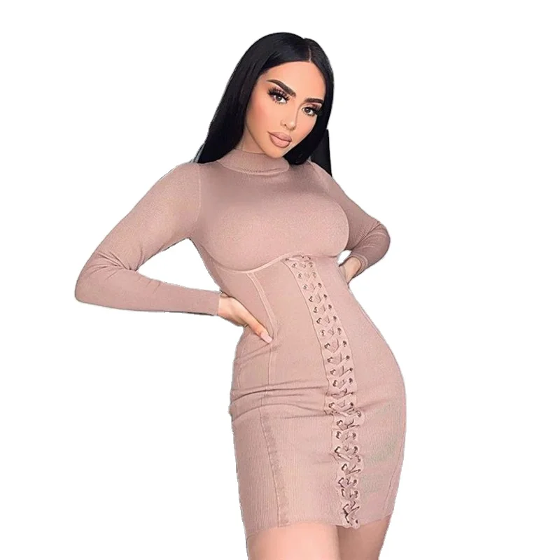 

new arrival Fall/winter round neck long-sleeved strap with causal dresses for womens