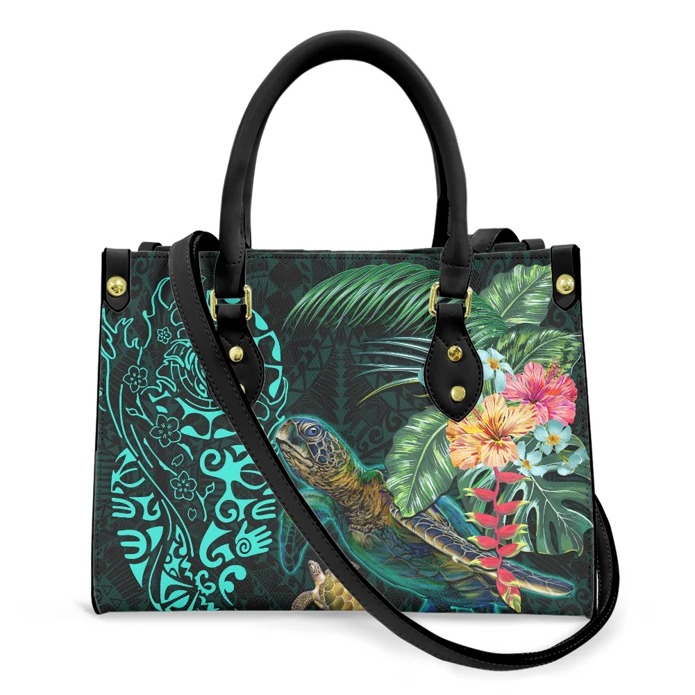 

2021 Hot Sale Turtles Polynesian Tribal Printed PU Leather Handbag Tote Handbags For Women Wholesale Ladies Handbags 2021, Customizable