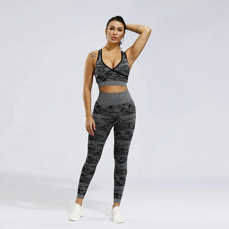 

wholesale seamless sports bra camo leggings suits seamless bra set women yoga set, As the picture