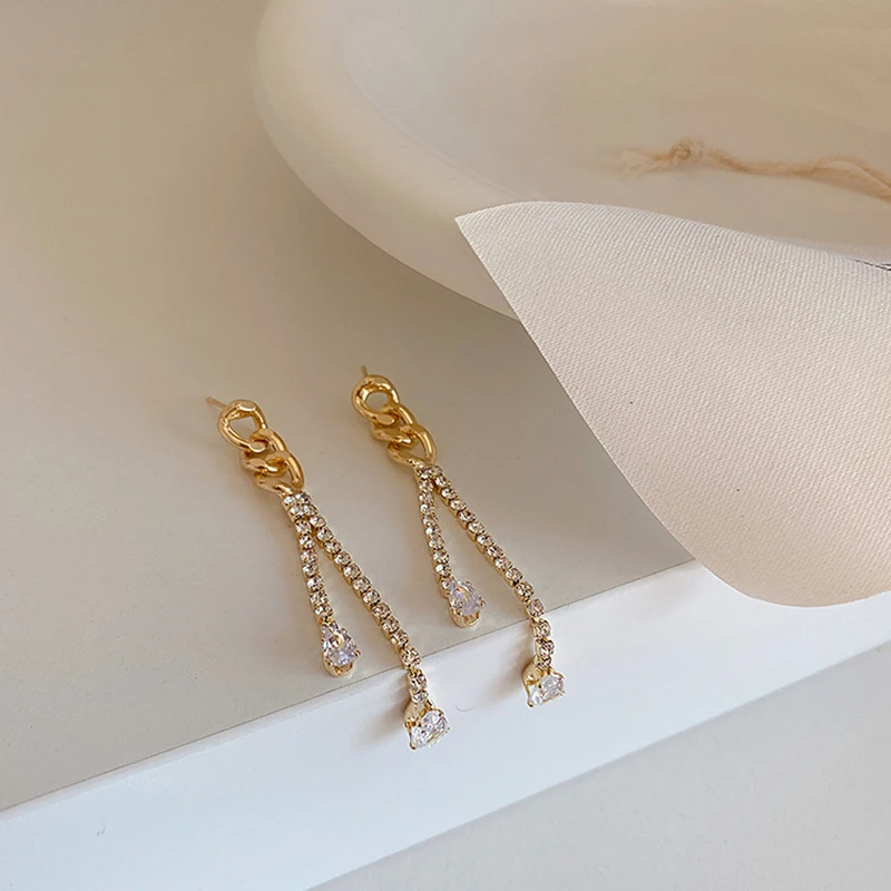 

Vintage Rhinestone Chain Long Dangle Earrings Geometric Metal Chain Tassel Simple Earrings Women Elegant Crystal Jewelry