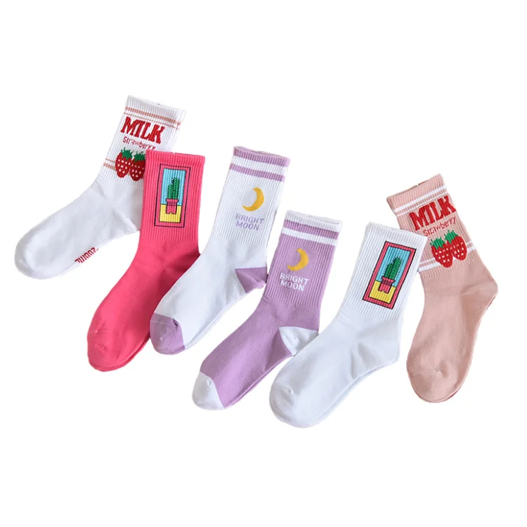 

Women's Socks Japanese Cotton Colorful Cartoon Cute Funny Happy kawaii Moon strawberry cactus Socks for Girl Christmas Gift, White, pink,purple