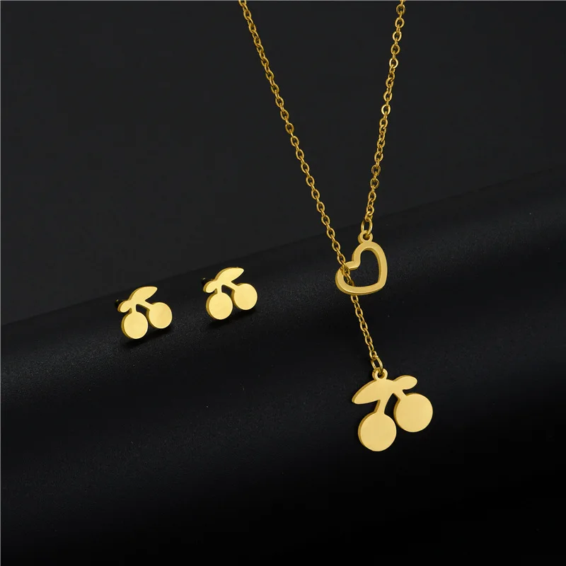 

Brand New Women's Pendant Necklace Earrings Set 18K Gold Plated Stainless Steel Cherry African Indian Wedding Jewelry Sets Women, As picture