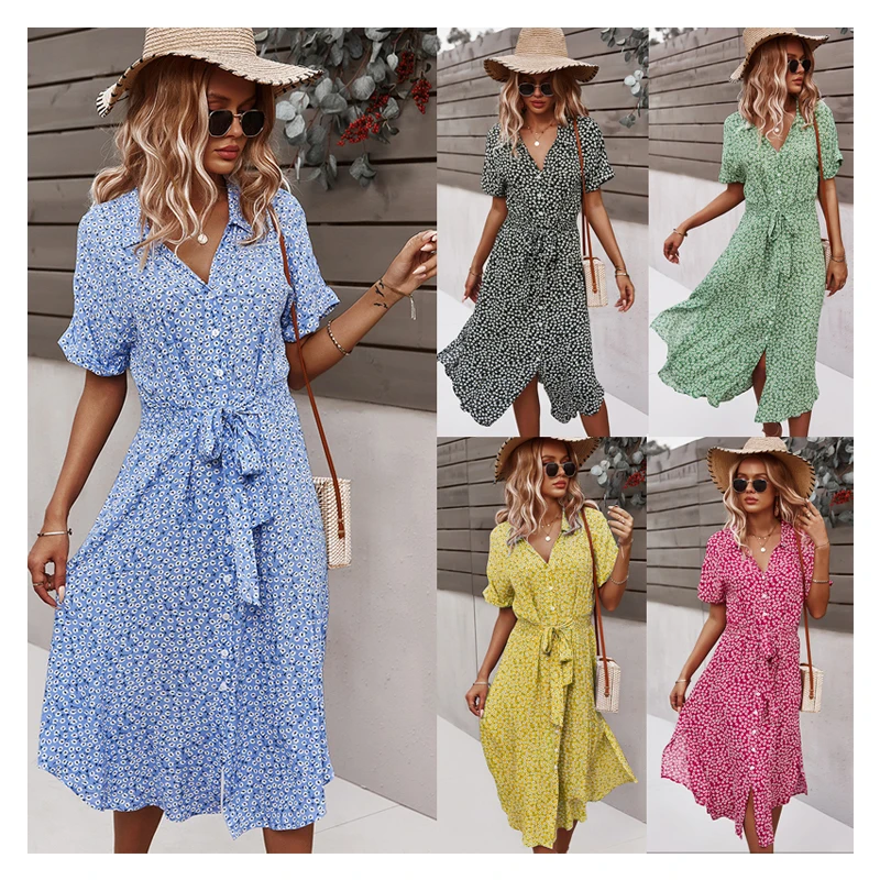 

100% rayon viscose ladies fashion dresses summer button down floral rope tiered red vintage summer flare dress shirt 2021, Yellow, red, green, black, blue