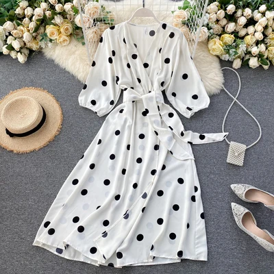 

2020 French Style Women Fashion White Polka Dot Dress